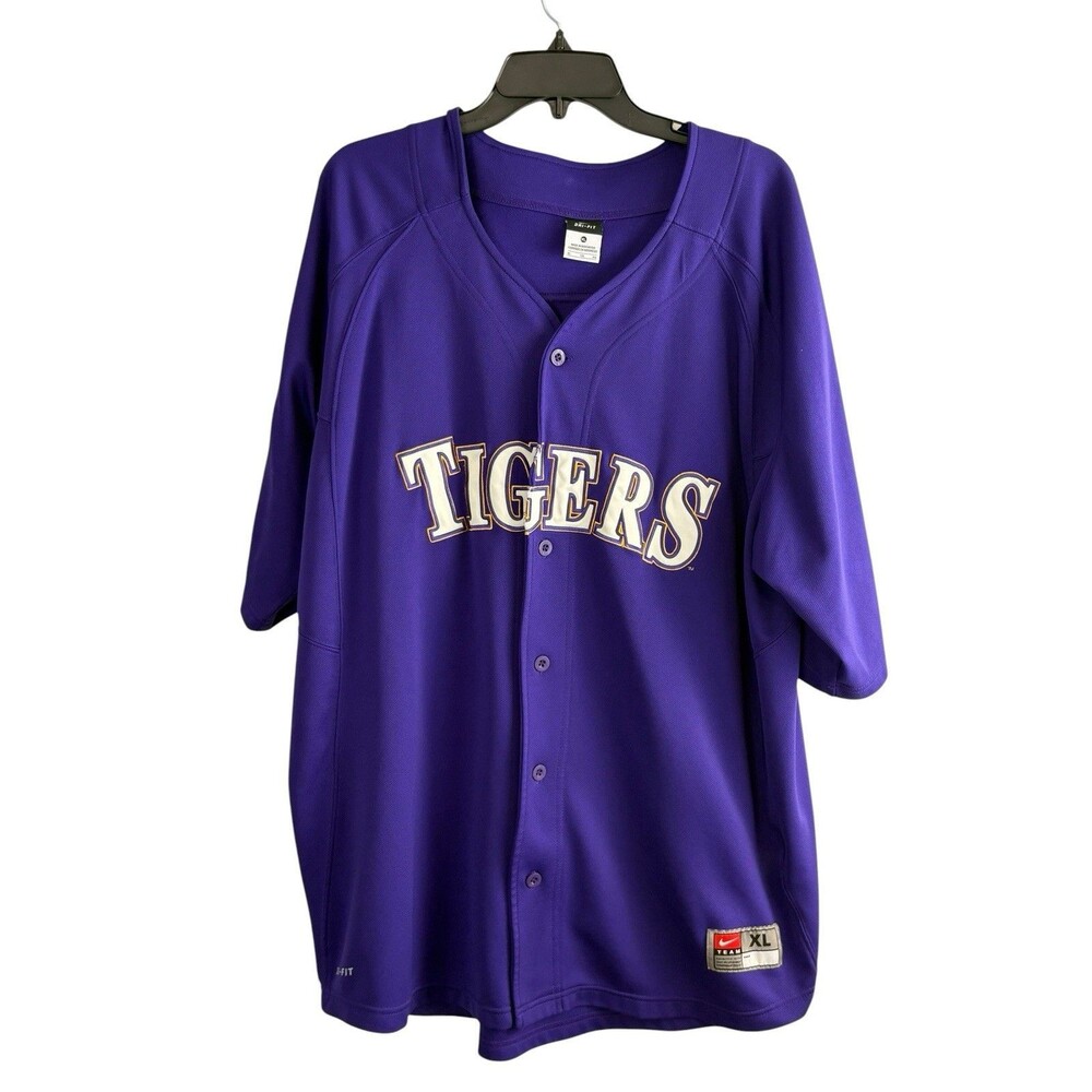 Nike Mens Jersey Shirt Adult Size XL White TIGER Logo Purple short sleeve Button
